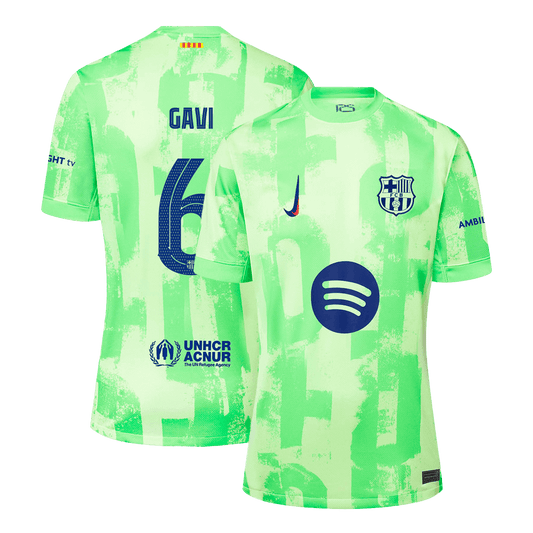 Camiseta de fútbol visitante GAVI #6 del Barcelona - UCL (Logotipo de Spotify sin texto)