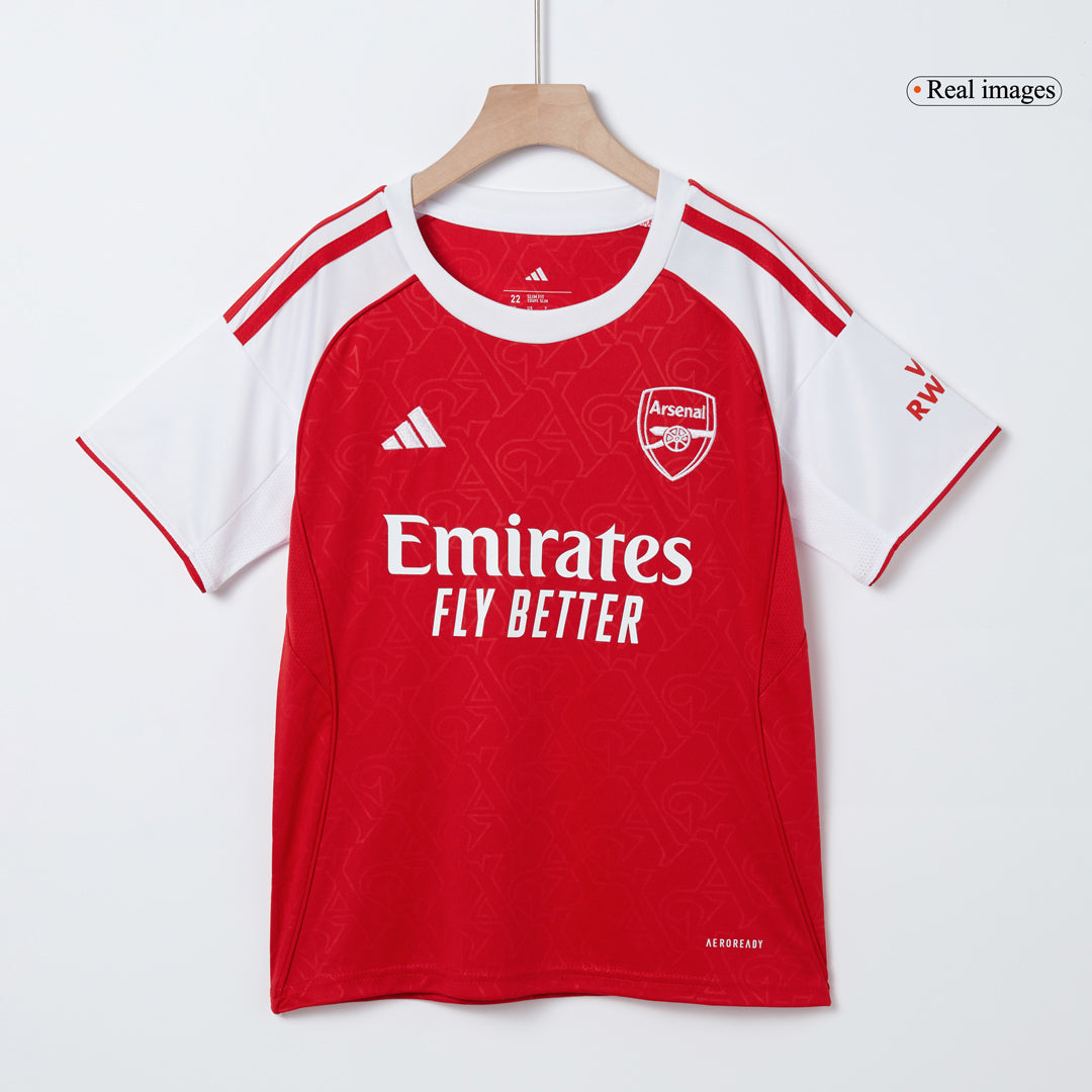 Kit de fútbol local del Arsenal para niños (camiseta, pantalones cortos y calcetines) 2025/26, color rojo