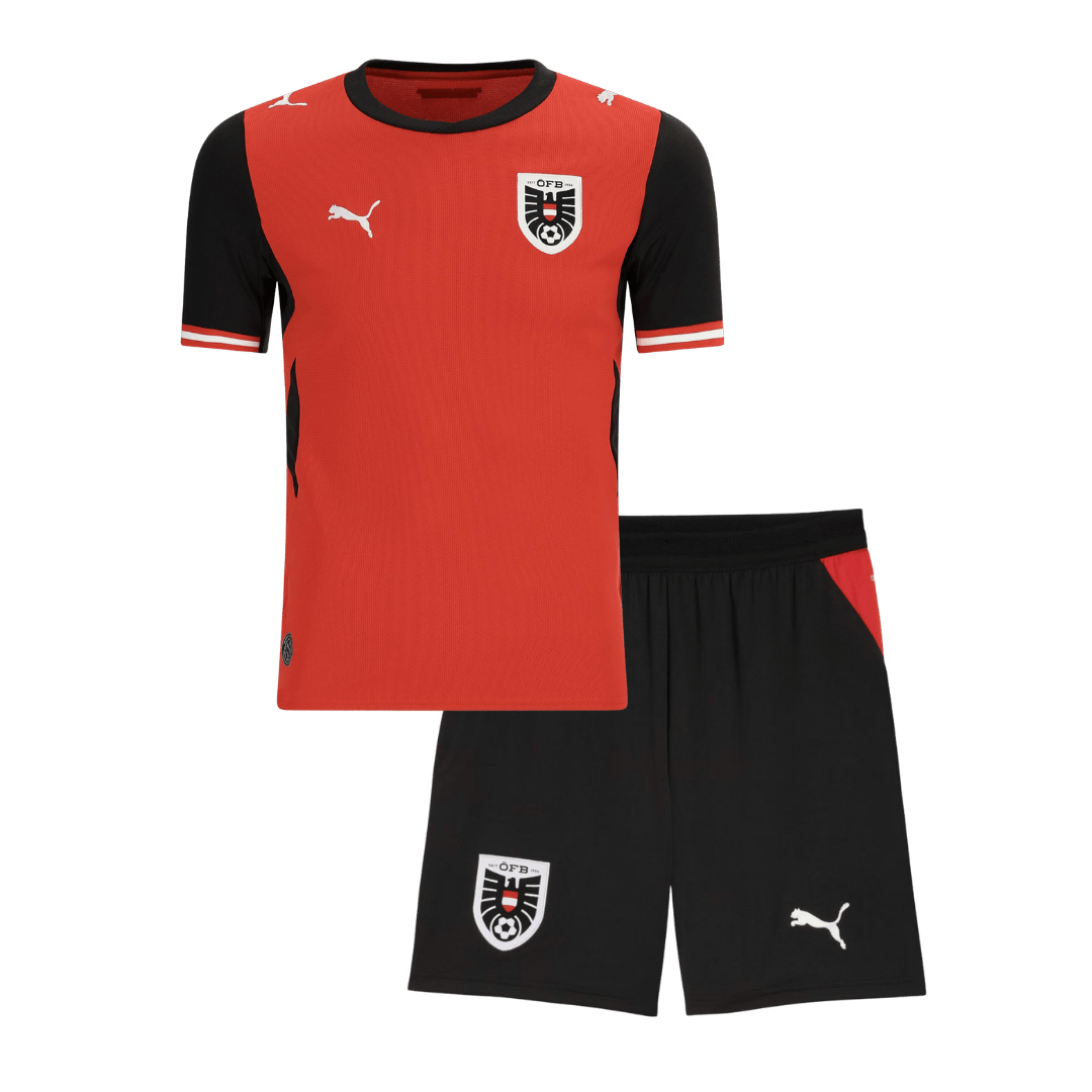 Equipación infantil de la selección de fútbol de Austria (camiseta + pantalón corto) para el Mundial de 2026, color rojo.