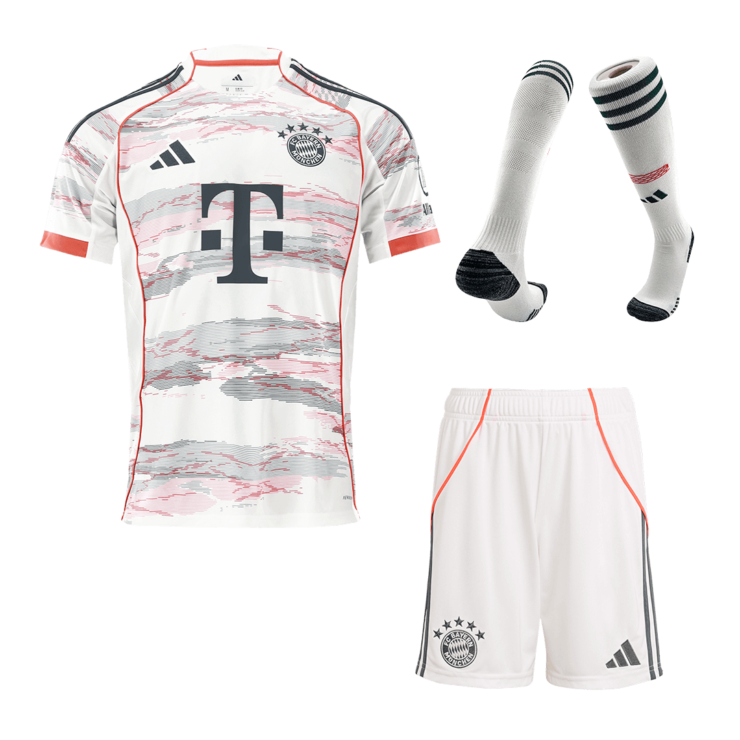 Kit de visitante del Bayern Múnich (Kit, pantalón corto y medias) 2025/26, color blanco