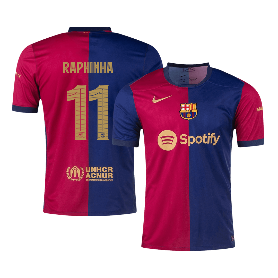 Camiseta de fútbol local del Barcelona RAPHINHA #11 2024/25, roja y azul - UCL