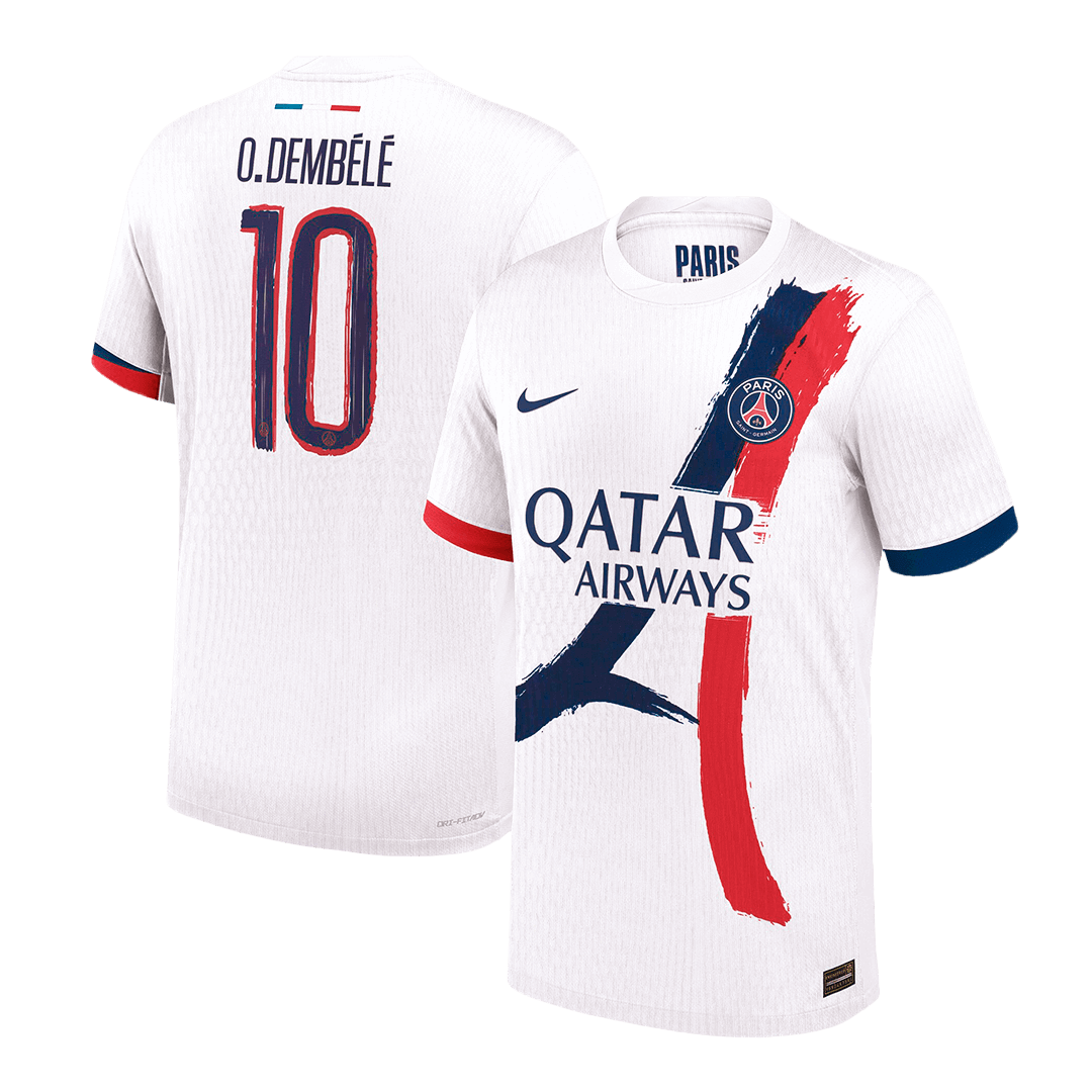 Camiseta de fútbol visitante auténtica de O.DEMBÉLÉ#10 del PSG 2024/25, blanca - UCL