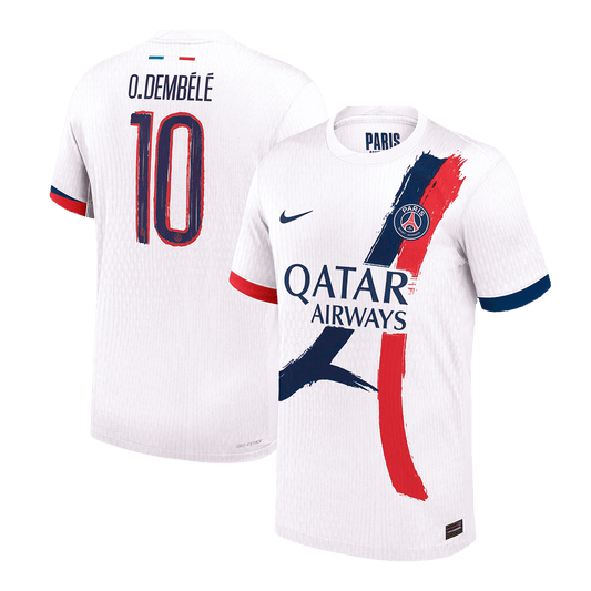 Camiseta de fútbol visitante auténtica de O.DEMBÉLÉ#10 del PSG 2024/25, blanca - UCL