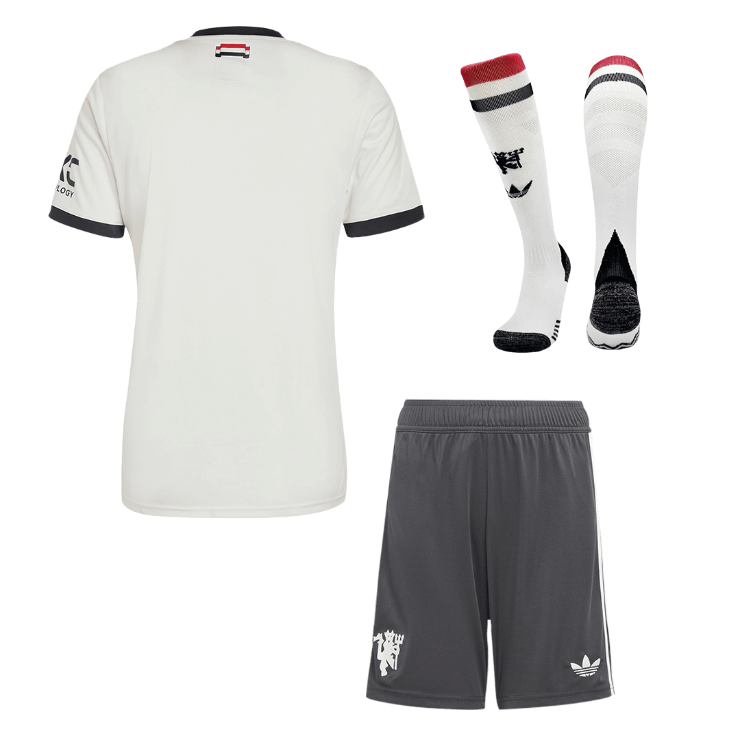 Kit de fútbol de visitante del Manchester United (camiseta, pantalón corto y calcetines)