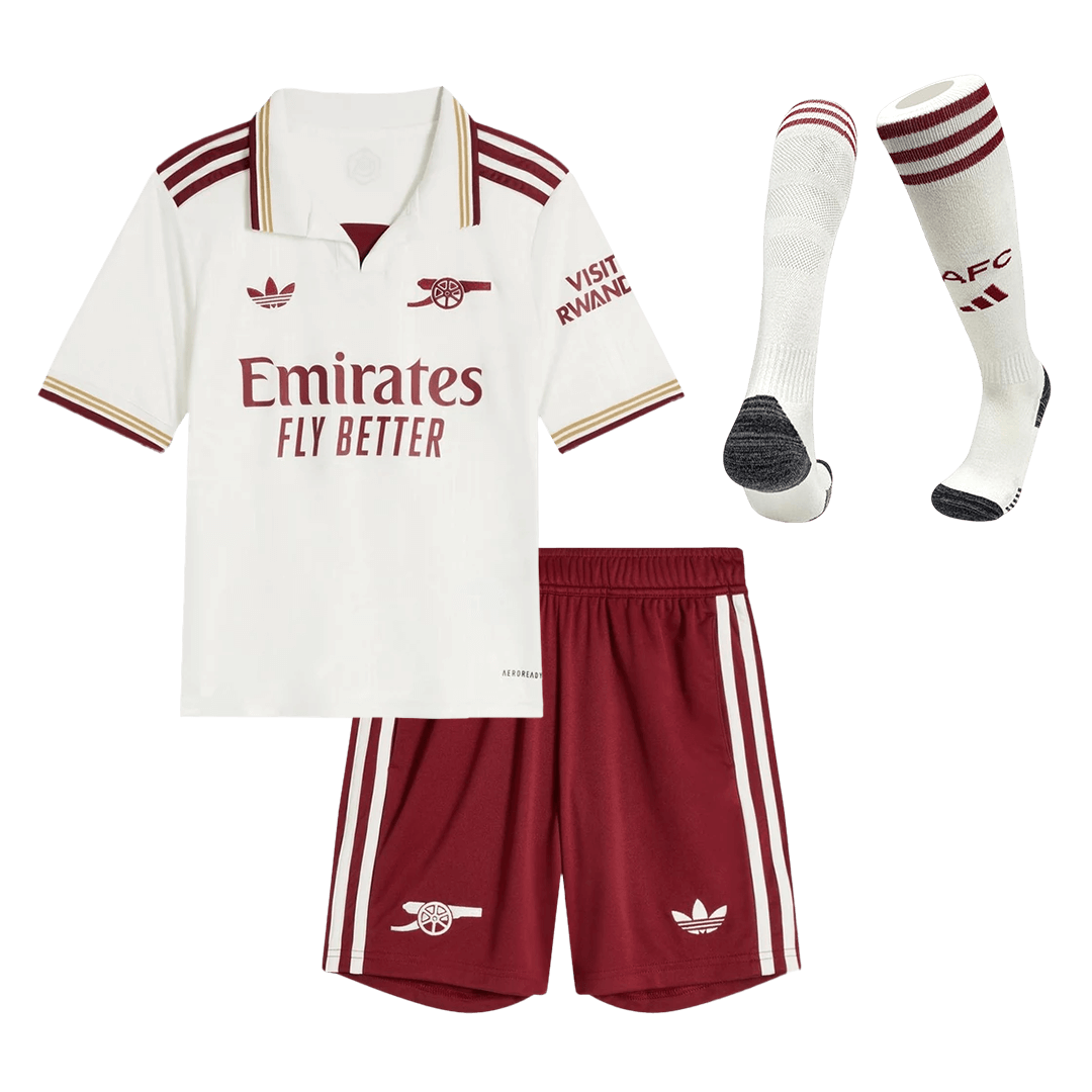 Kit de fútbol visitante del Arsenal para niños (Kit, pantalón corto y medias) 2025/26
