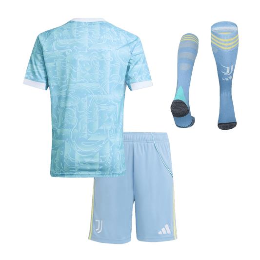 Kit de camiseta de fútbol de visitante de la Juventus para niños (camiseta, pantalones cortos y calcetines) 25/26 azul
