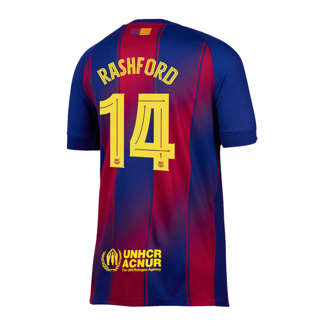 Camiseta de fútbol local del Barcelona 2025/26, RASHFORD #14, rojo y azul - UCL