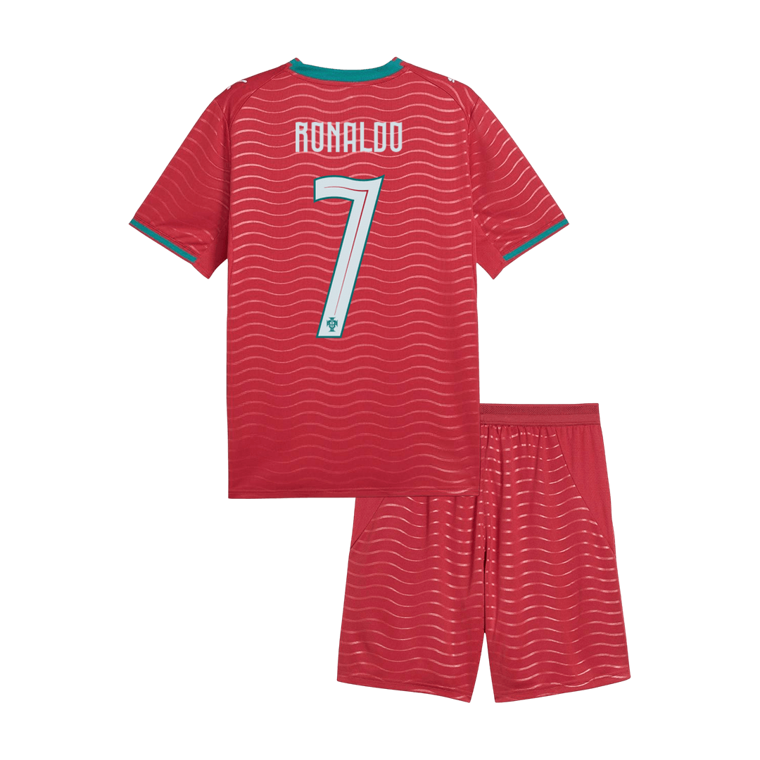 Conjunto infantil de camiseta y pantalón corto de la selección de Portugal de Ronaldo #7 para niños, Mundial 2026, color rojo.