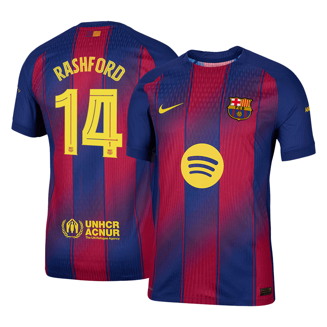 Camiseta de fútbol local auténtica del Barcelona 2025/26, RASHFORD #14, roja y azul - UCL