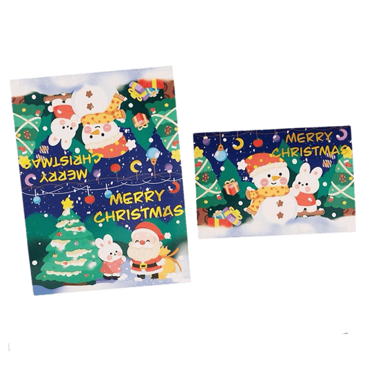 Tarjeta de Navidad personalizada: Muñeco de nieve y conejito. Mensaje personalizado.