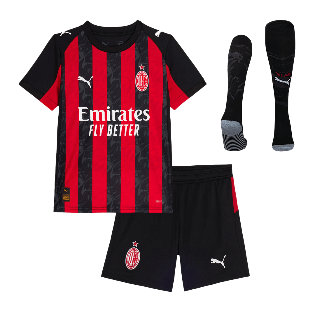 Kit de camiseta de fútbol local del AC Milan para niño (camiseta, pantalón corto y calcetines) 2025/26, rojo y negro