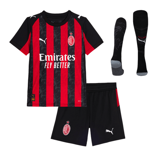 Kit de camiseta de fútbol local del AC Milan para niño (camiseta, pantalón corto y calcetines) 2025/26, rojo y negro