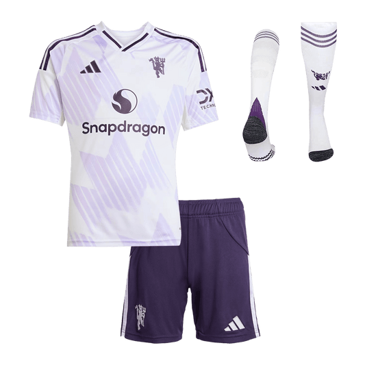 Kit de fútbol visitante del Manchester United para niño (Kit, pantalón corto y calcetines) 2025/26, color blanco