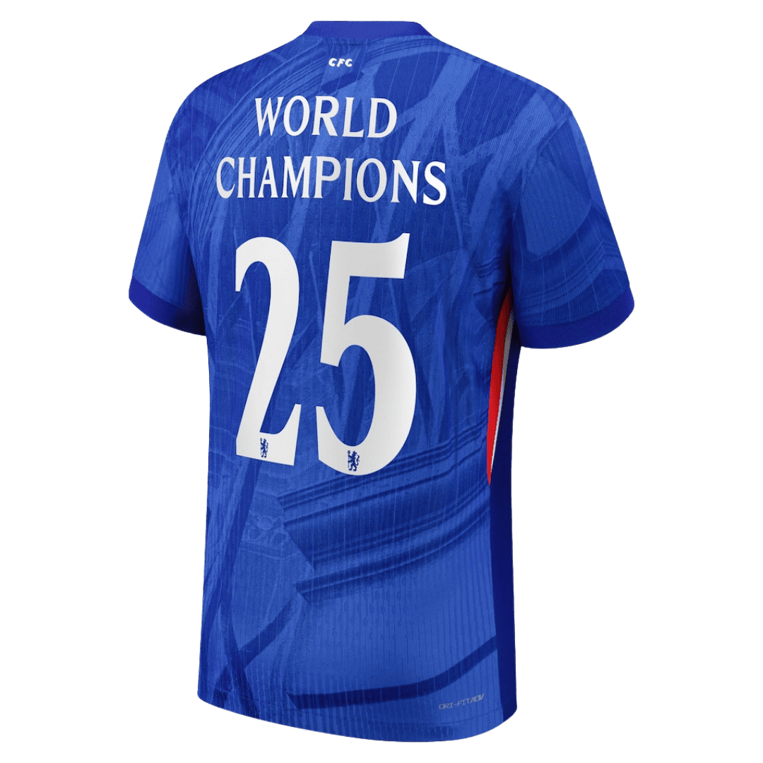 Camiseta de fútbol local auténtica del Chelsea n.° 25 del Mundial 2025/26, azul, con escudo en el pecho.