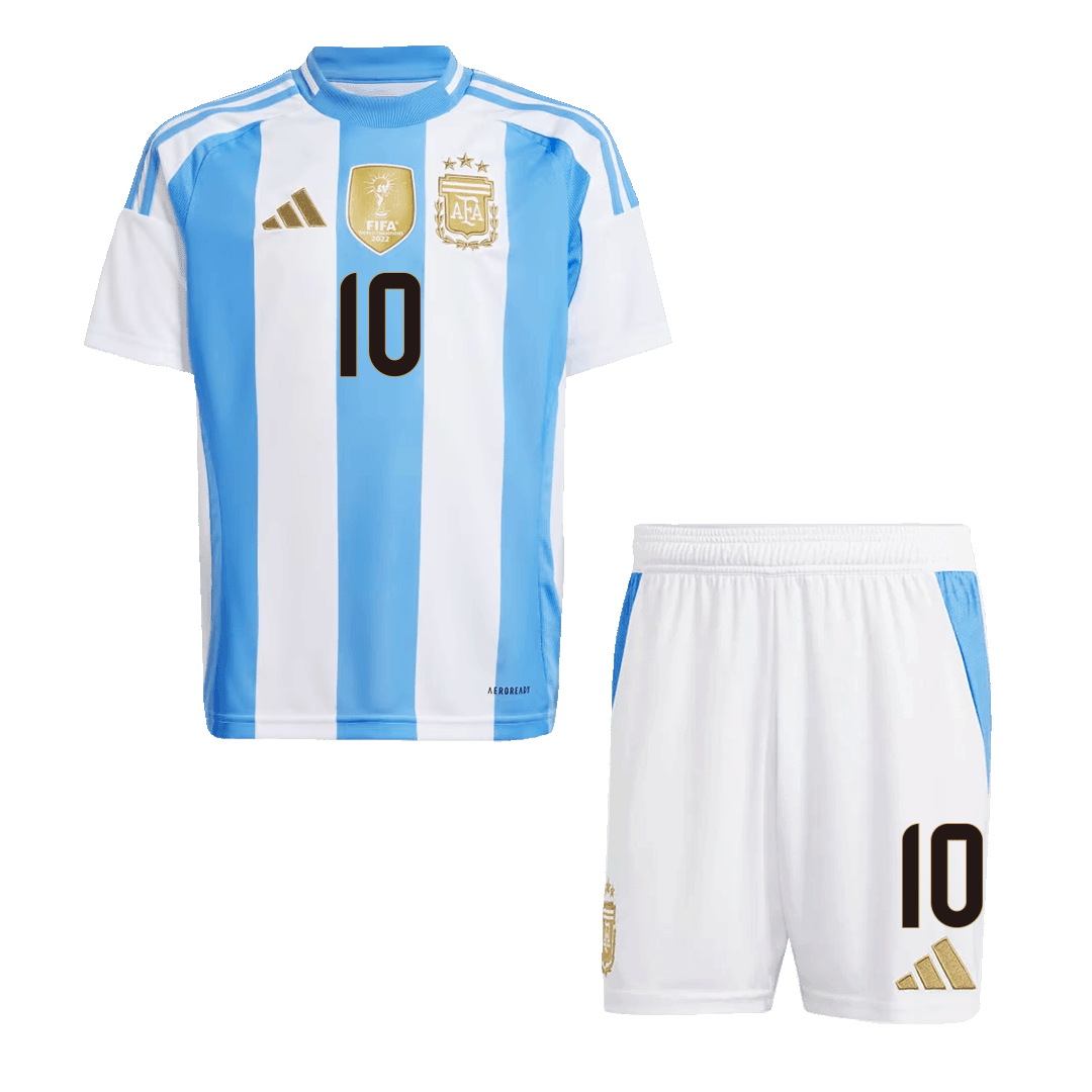 Kit de fútbol local de Argentina Messi #10 para niño (Kit y pantalón corto) 2024