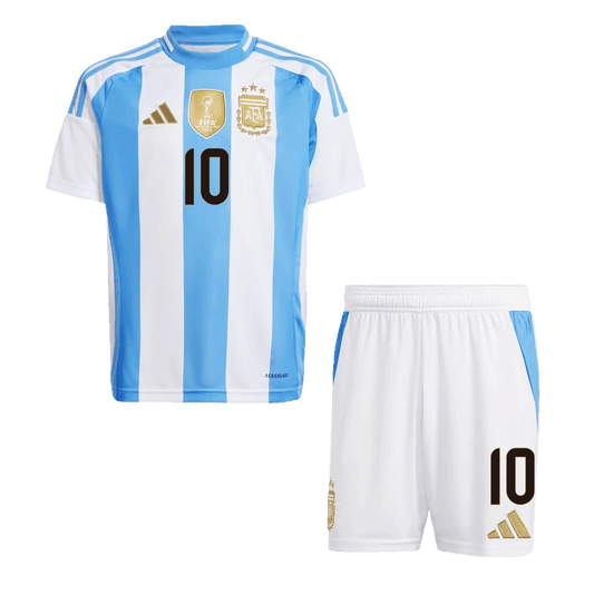 Kit de fútbol local de Argentina Messi #10 para niño (Kit y pantalón corto) 2024