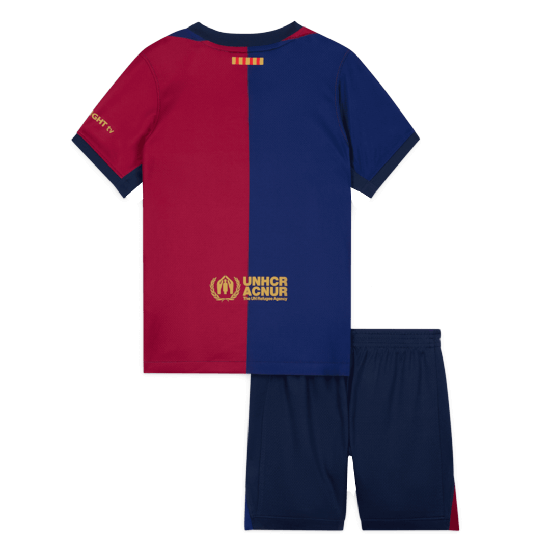 Kit de fútbol infantil del Barcelona (camiseta y pantalón corto) 2024/25 con el logotipo de Spotify sin texto