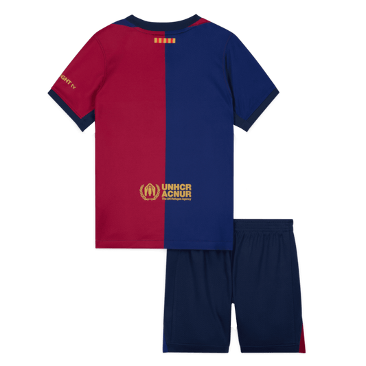 Kit de fútbol infantil del Barcelona (camiseta y pantalón corto) 2024/25 con el logotipo de Spotify sin texto