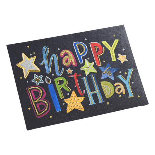 Tarjeta de cumpleaños personalizada con estrellas de colores en negro