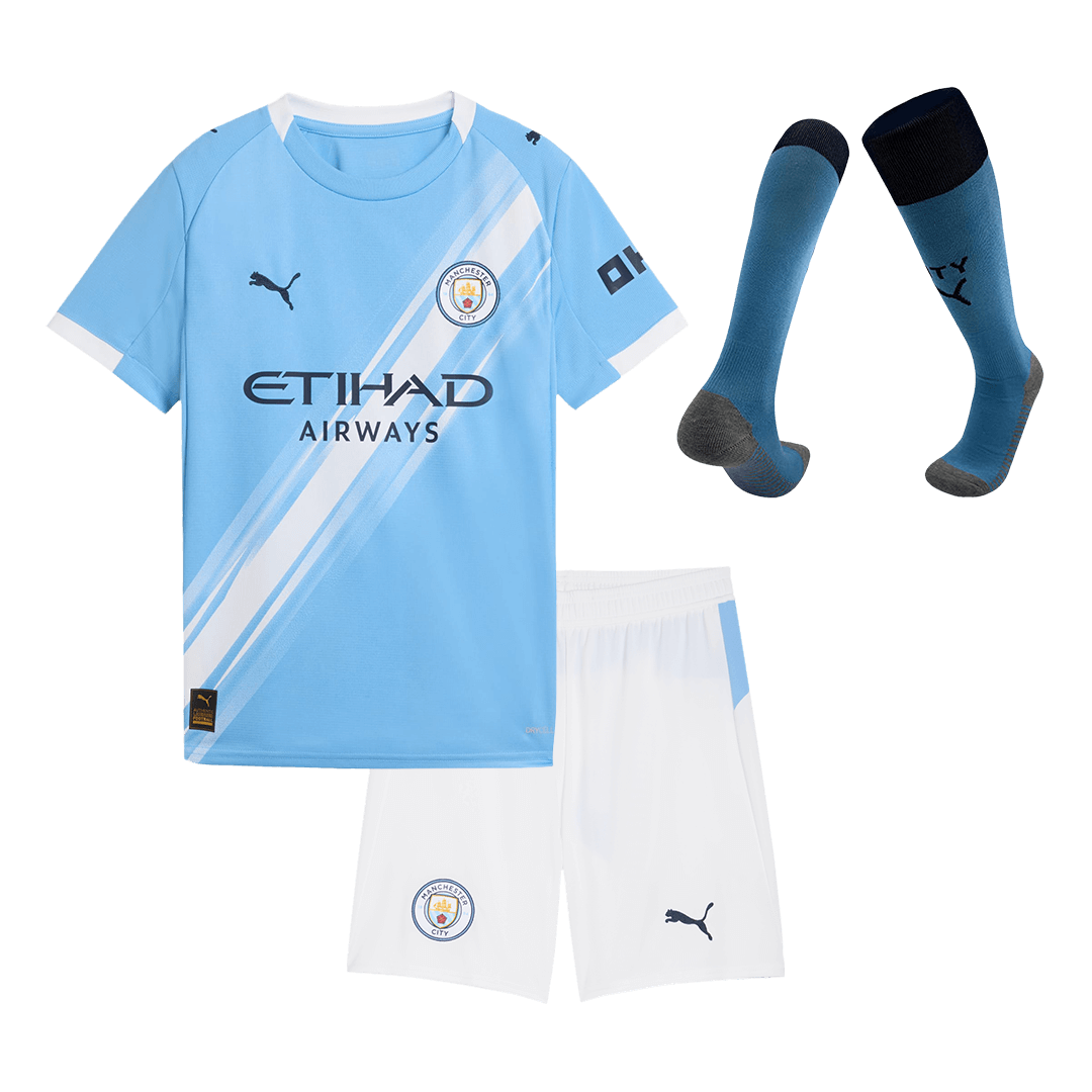 Kit de fútbol local del Manchester City para niño (Kit, pantalón corto y calcetines) 2025/26, azul