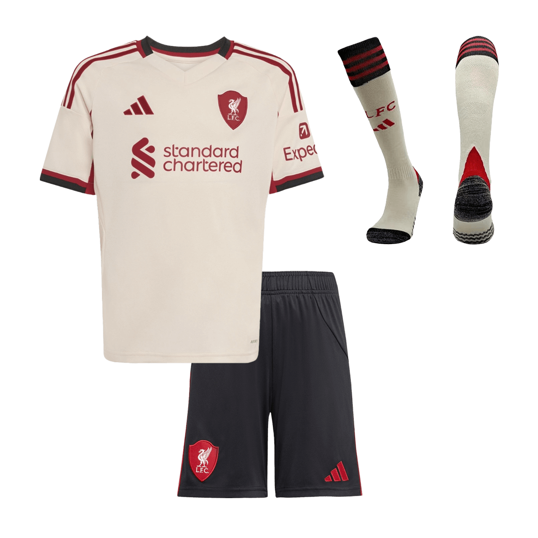 Kit de fútbol visitante del Liverpool para niño (camiseta, pantalón corto y calcetines), talla 25/26, color blanco