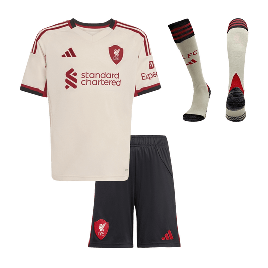 Kit de fútbol visitante del Liverpool para niño (camiseta, pantalón corto y calcetines), talla 25/26, color blanco