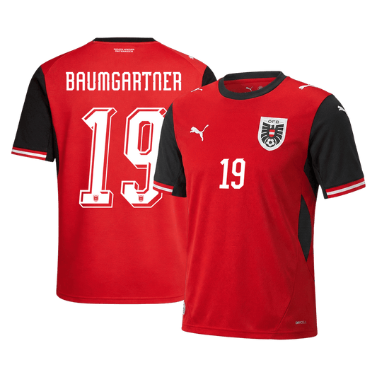Camiseta de fútbol de Austria Baumgartner #19, local, Copa del Mundo 2026, roja.