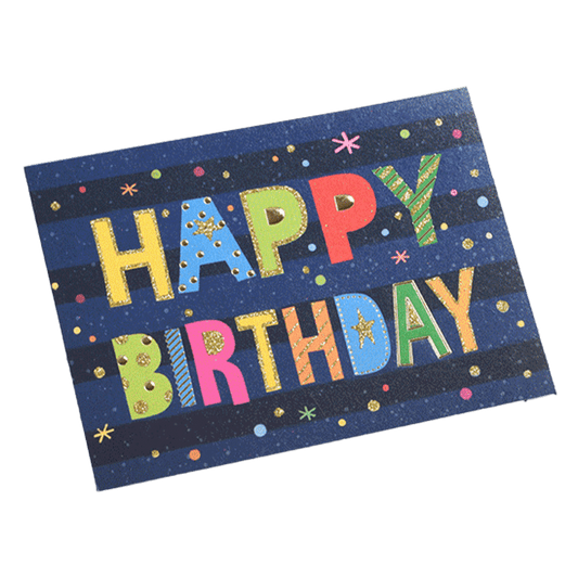 Tarjeta de cumpleaños con letras de colores personalizadas en azul marino