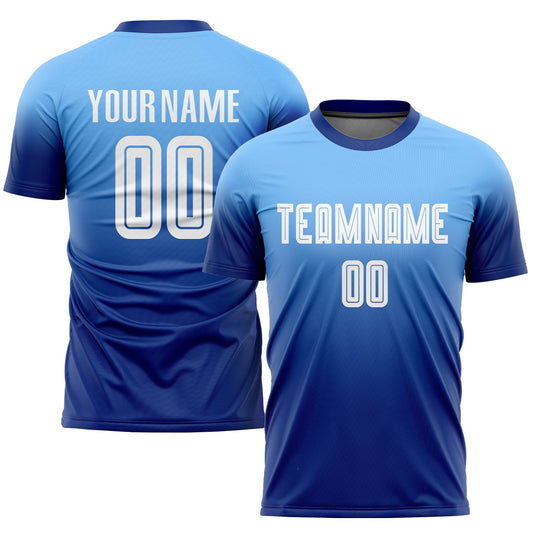 Camiseta de fútbol personalizada, de moda, con sublimación desteñida, en azul claro, blanco y azul rey