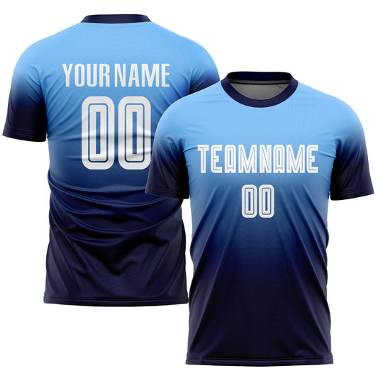 Camiseta de fútbol personalizada, de moda, con sublimación en azul claro, blanco y azul marino.