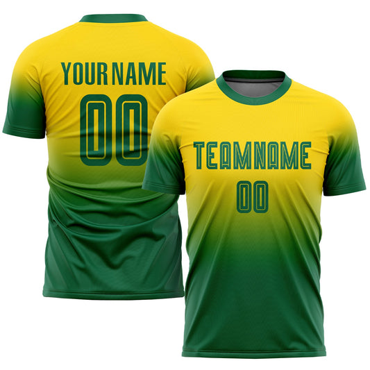 Camiseta de fútbol personalizada con sublimación en color verde Kelly dorado y degradado.
