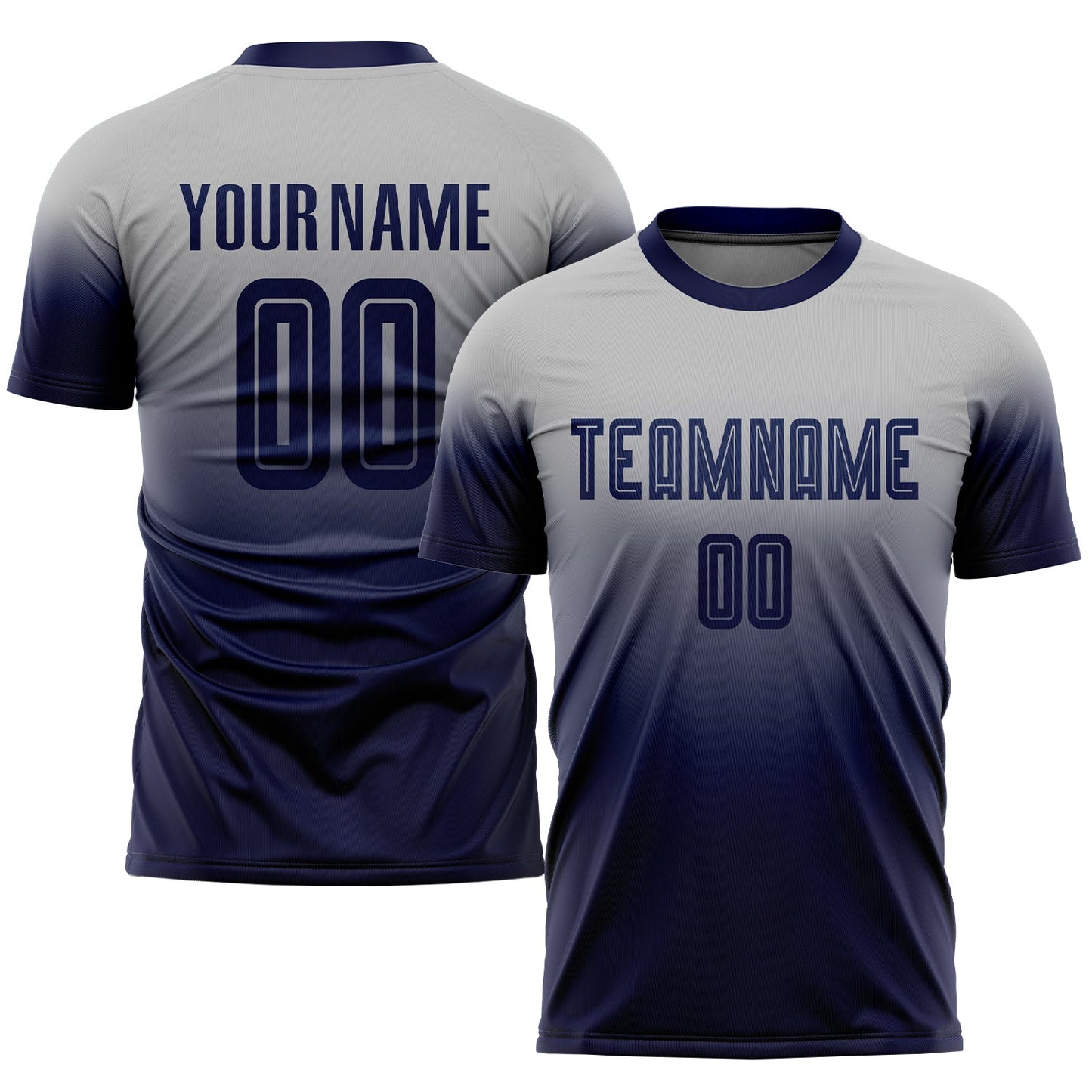 Camiseta de fútbol personalizada de moda con degradado por sublimación en gris y azul marino