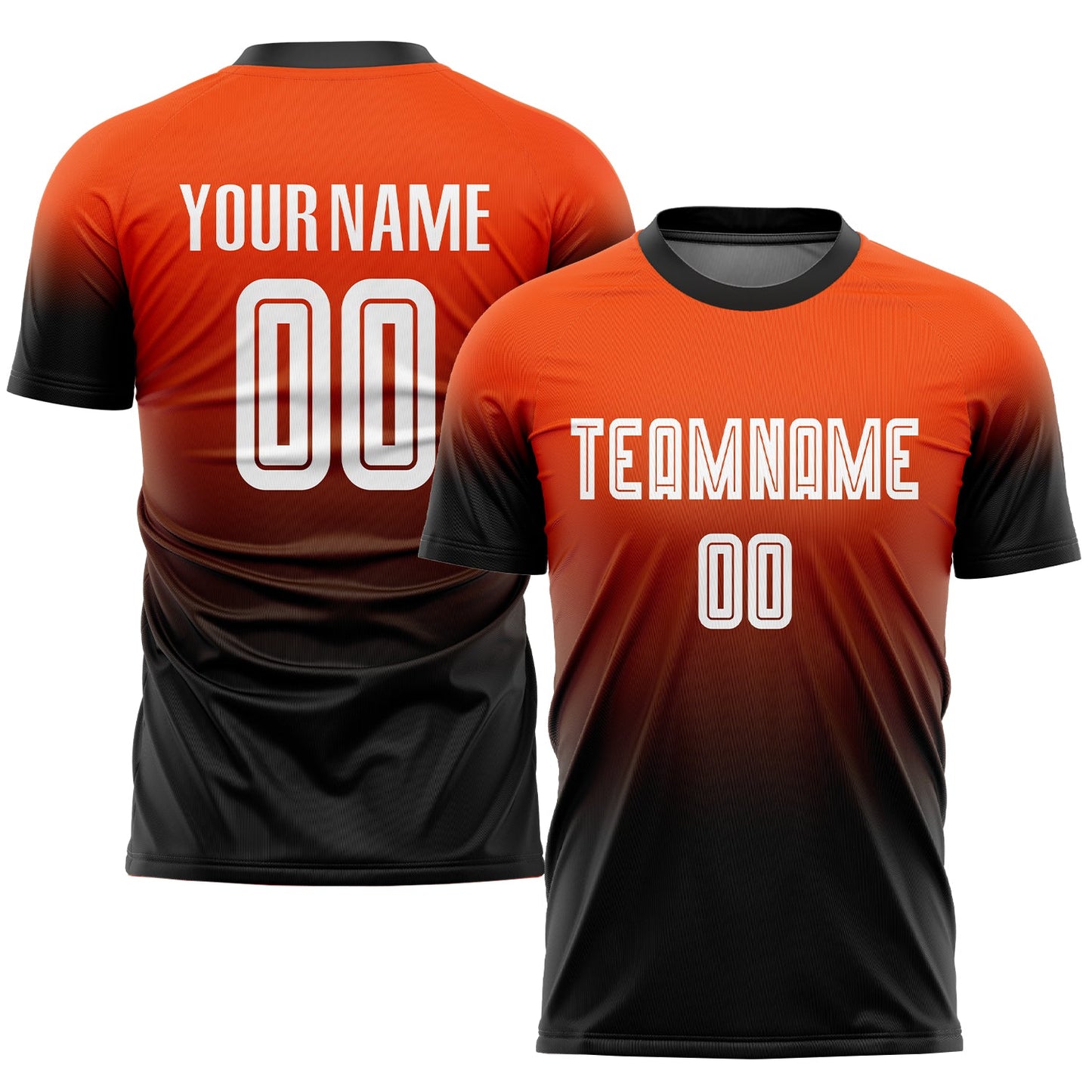Camiseta de fútbol personalizada con sublimación en naranja, blanco y negro, con degradado.