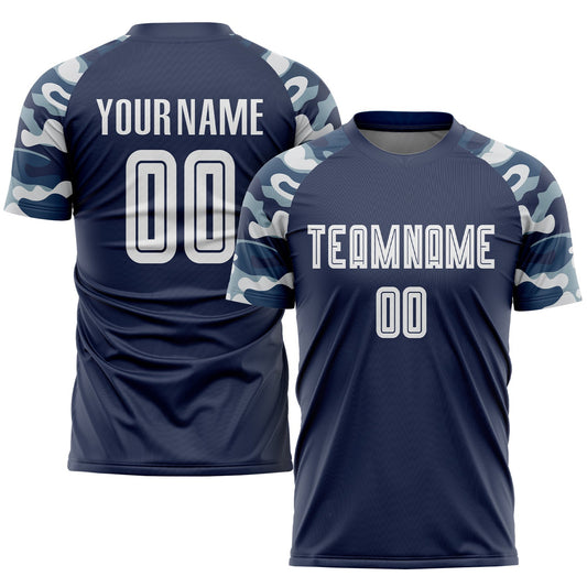 Camiseta de fútbol personalizada con sublimación de camuflaje blanco y azul marino