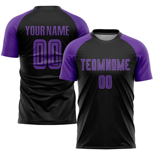 Camiseta de fútbol personalizada con sublimación en negro y morado