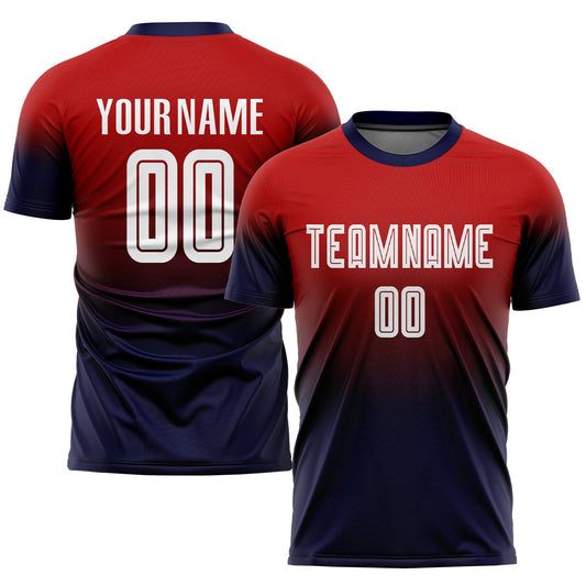 Camiseta de fútbol personalizada con sublimación en rojo, blanco y azul marino.