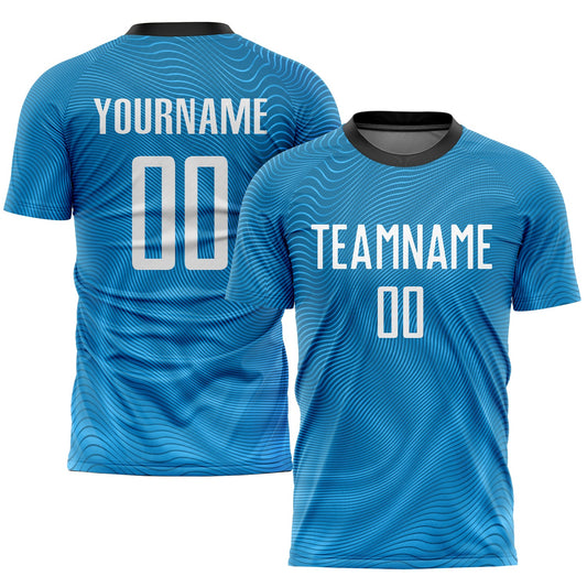 Camiseta de fútbol personalizada de sublimación azul claro, blanco y negro