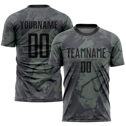 Camiseta de fútbol personalizada de sublimación en negro oliva con saludo al servicio