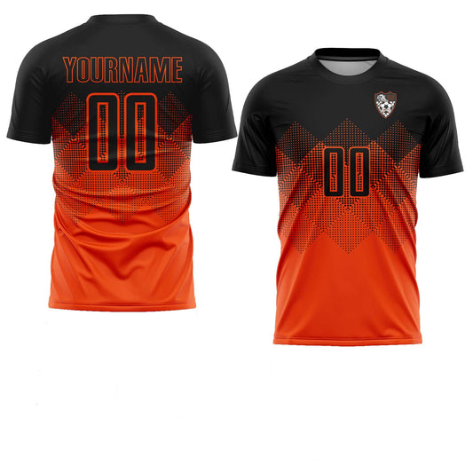 Camiseta personalizada del club de fútbol Spencer con degradado naranja y negro cuadrado por sublimación