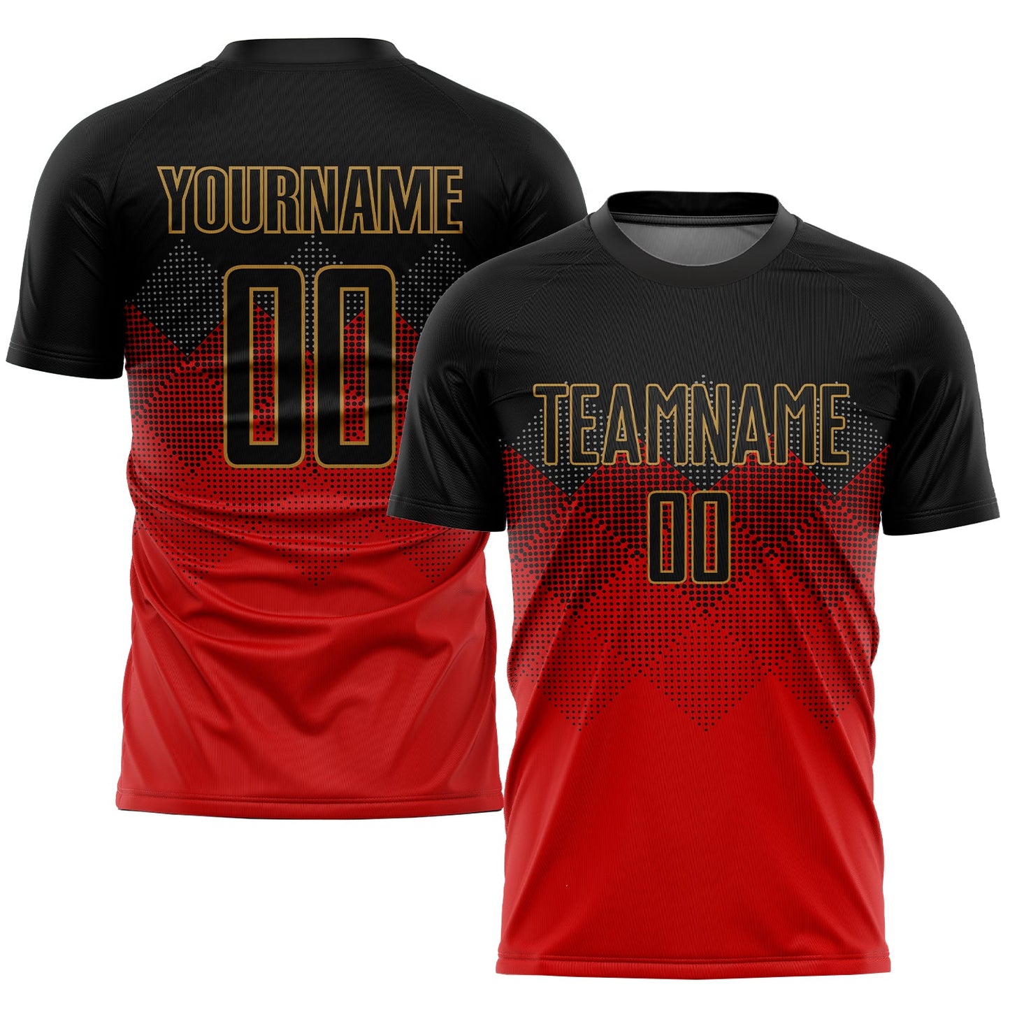 Camiseta de fútbol personalizada con sublimación en rojo, negro y oro viejo