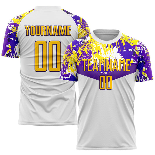 Camiseta de fútbol personalizada con sublimación en blanco, dorado y morado