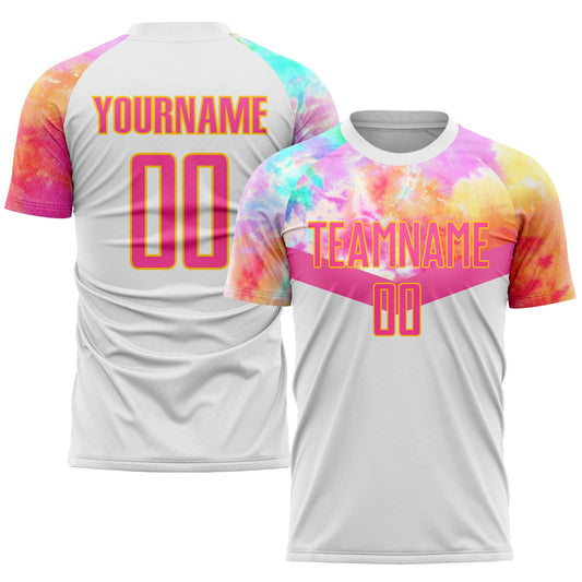 Camiseta de fútbol personalizada con sublimación en blanco, rosa y dorado
