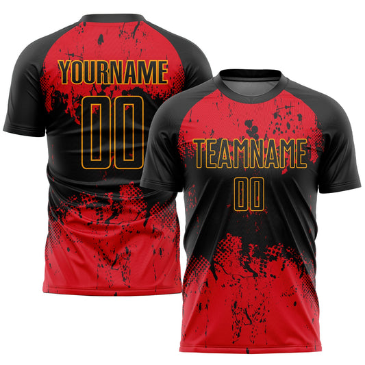 Camiseta de fútbol personalizada con sublimación en negro, rojo y dorado