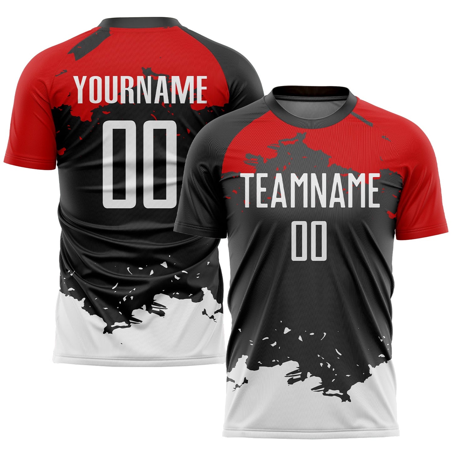 Camiseta de fútbol personalizada con sublimación en negro, blanco y rojo