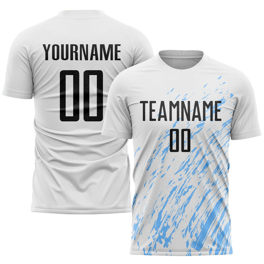 Camiseta de fútbol personalizada con sublimación en blanco, negro y azul claro