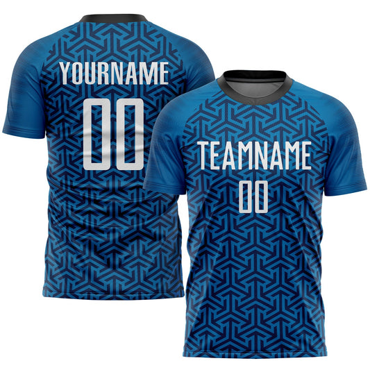 Camiseta de fútbol personalizada con sublimación en azul, blanco y negro