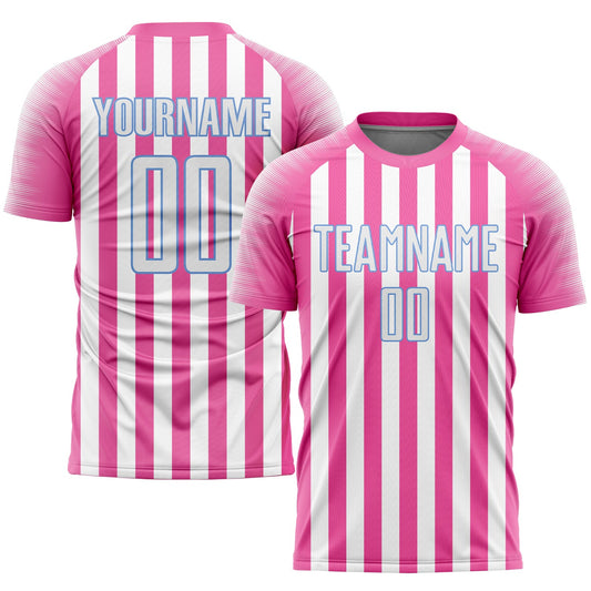 Camiseta de fútbol personalizada con sublimación en rosa, blanco y azul claro