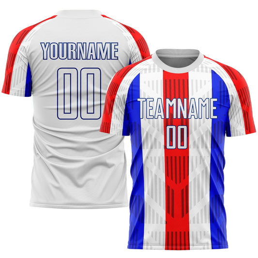 Camiseta de fútbol personalizada de sublimación en blanco y azul marino