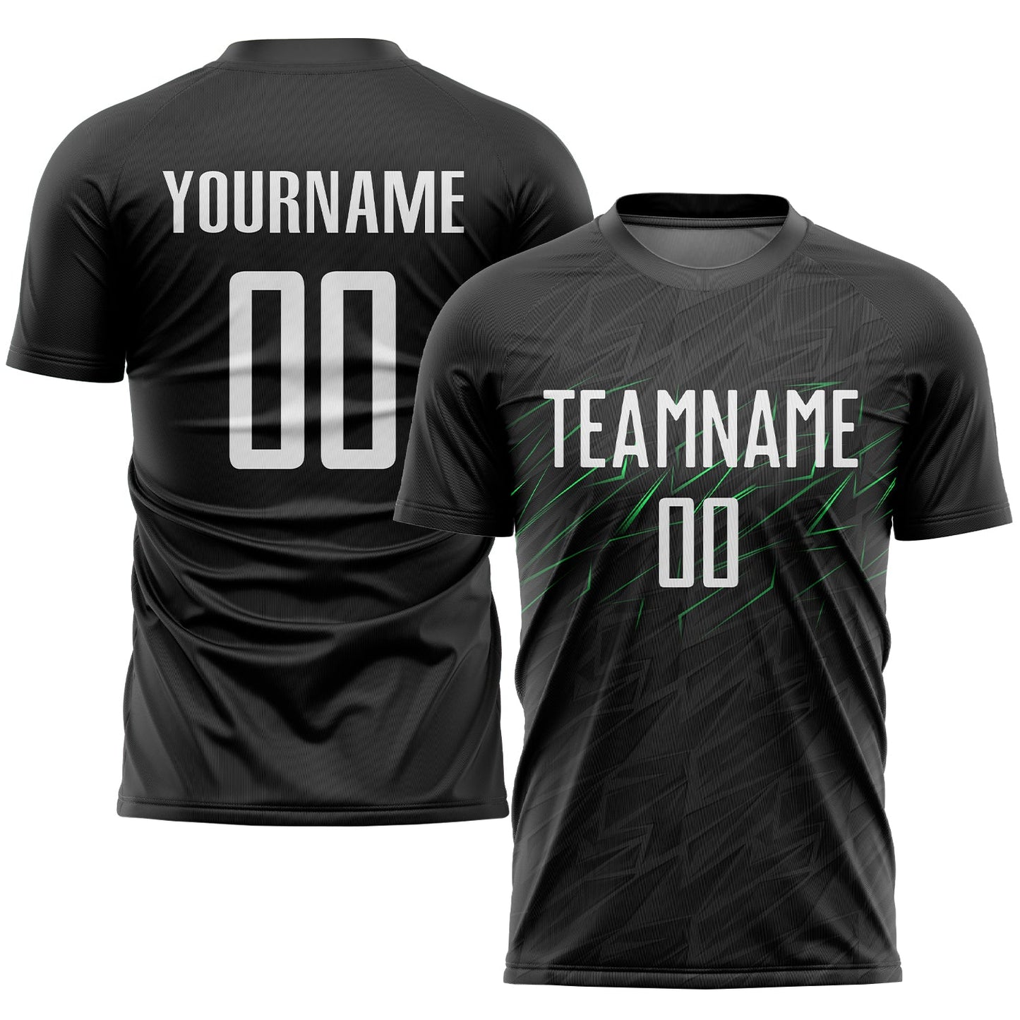 Camiseta de fútbol personalizada con sublimación en negro, blanco y verde neón