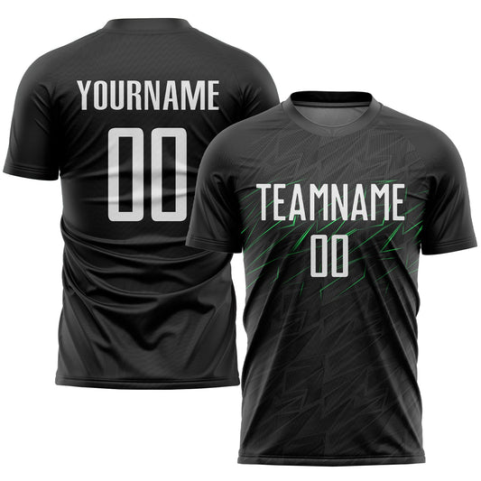 Camiseta de fútbol personalizada con sublimación en negro, blanco y verde neón